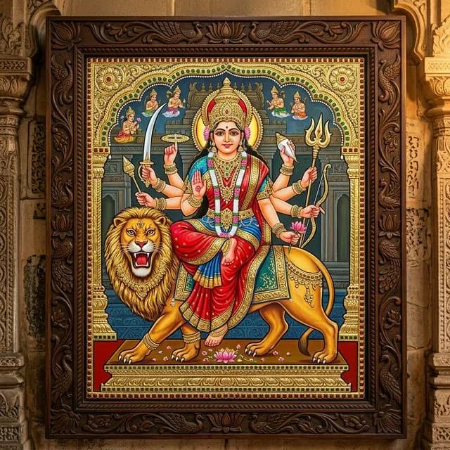 Goddess Durga Tanjore Painting: Placement Rules for Protection, Evil Eye & Rahu Dosh - Authentic 24K Gold Thanjavur Art